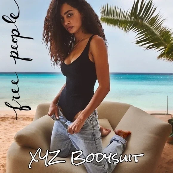 FREE PEOPLE XYZ Ribbed Sleeveless Stretch Fit Thong Bodysuit in Black NWT - Picture 1 of 16